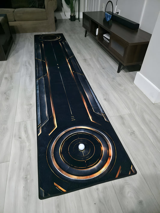 Full-length Eclipse™ designer putting rug with hidden indoor putting green for home practice.