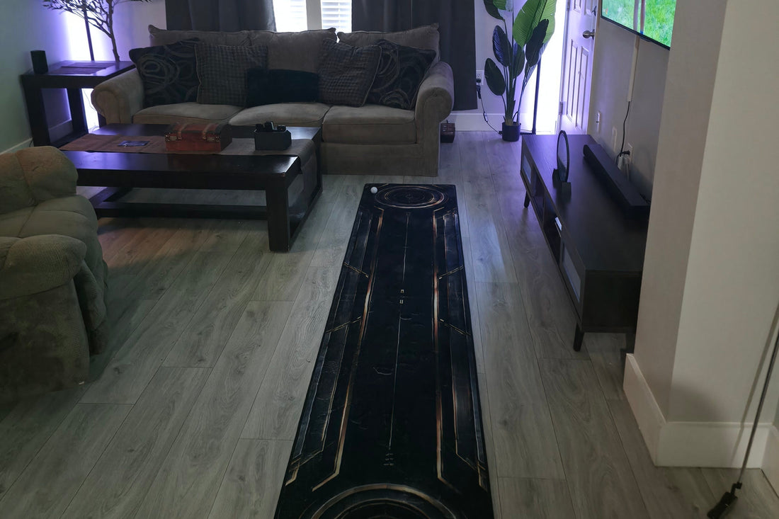 Eclipse Runner extending through a modern living room with a dark architectural pattern and bronze-gold details