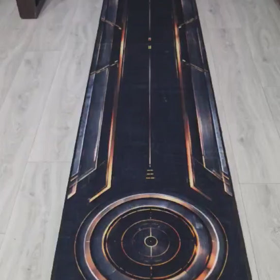 Video demonstrating the Eclipse™ designer putting rug for indoor putting practice in a modern living room.